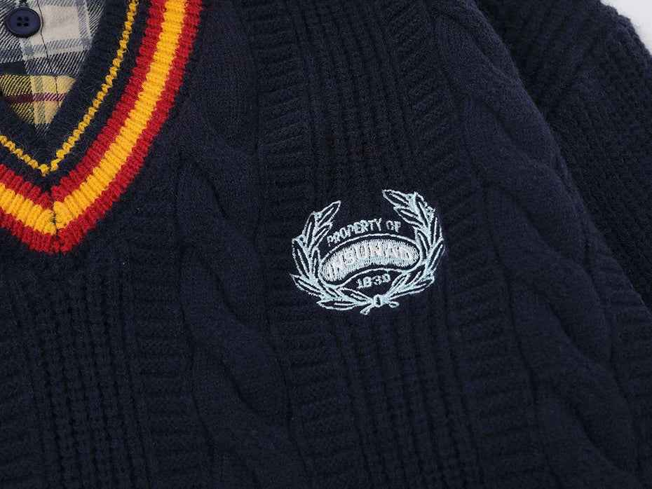 Oversized Varsity Patchwork Double Layers Knit Sweater