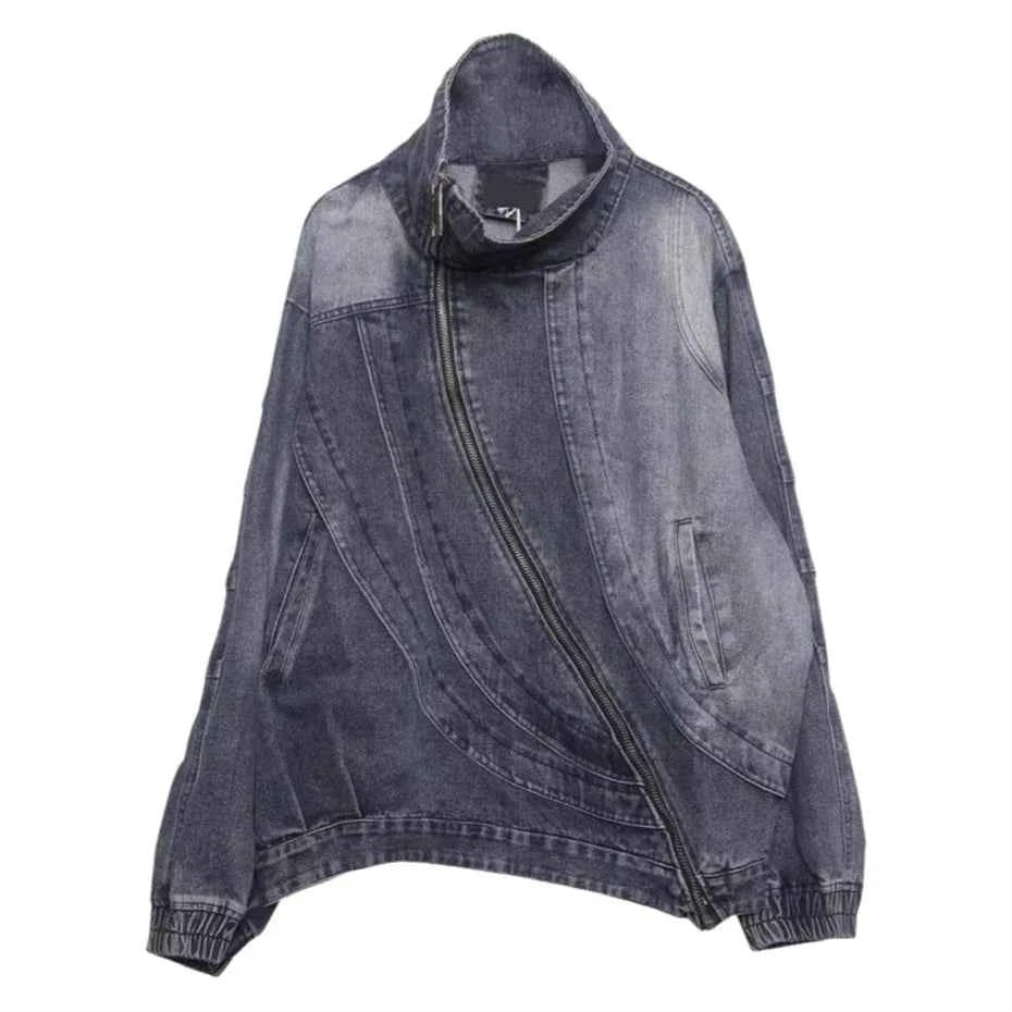 Blue Irregular Zipper Denim Jacket