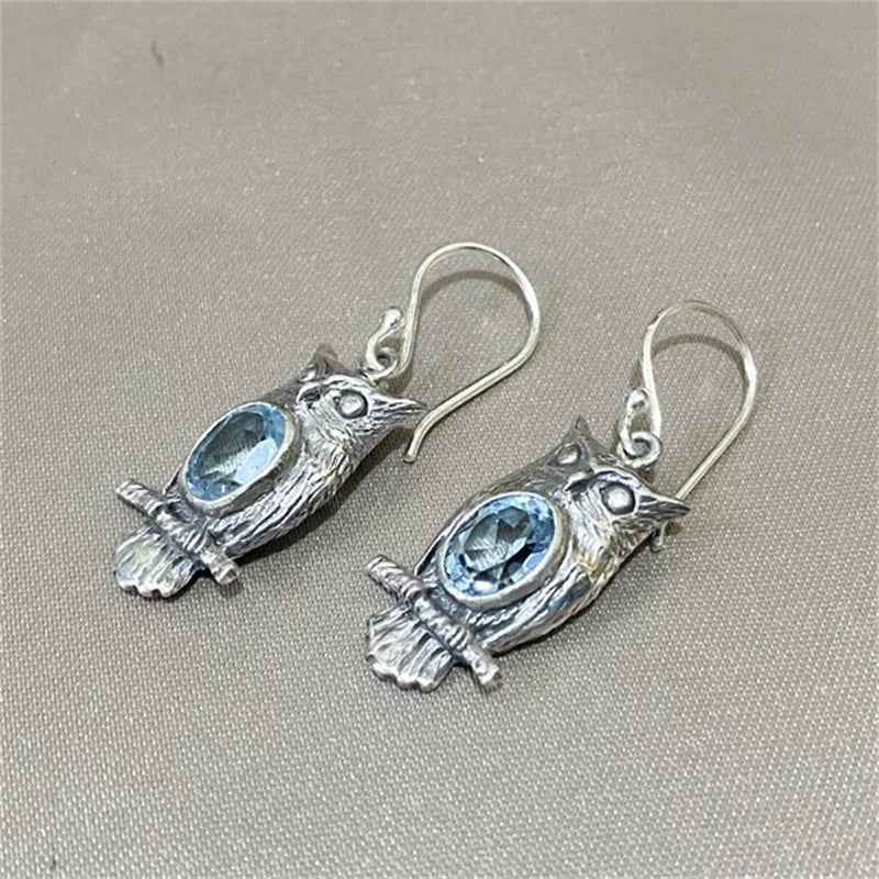 Inlaid Sea Blue Stone Vintage Owl Earring