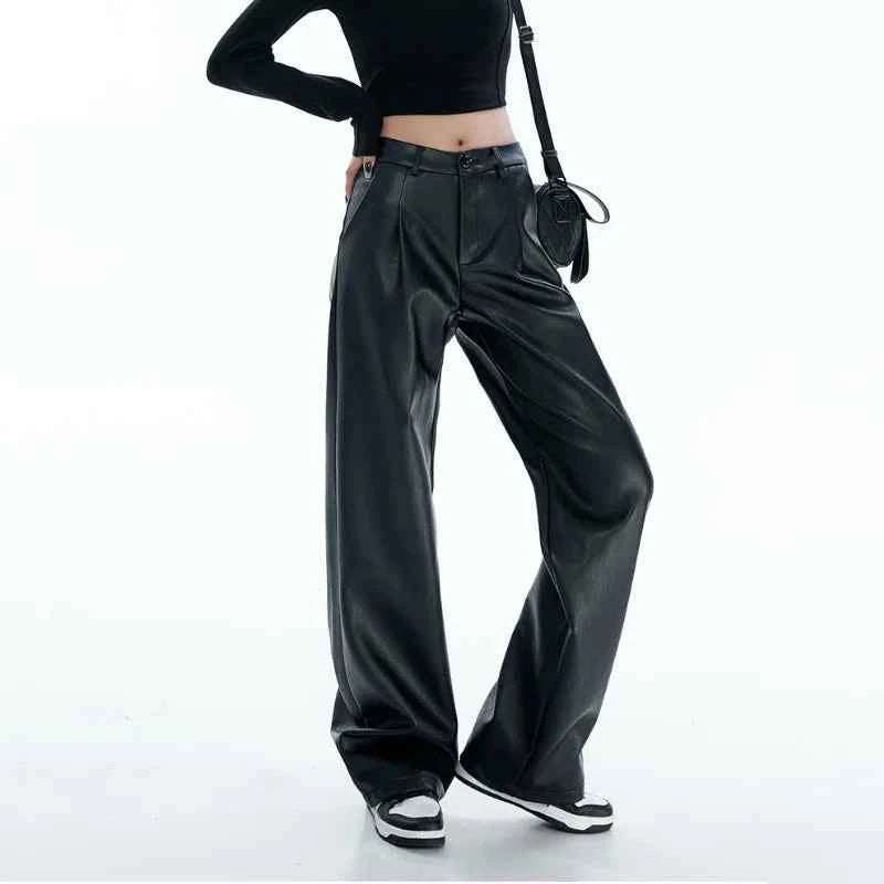 High Waist Black PU Leather Pants