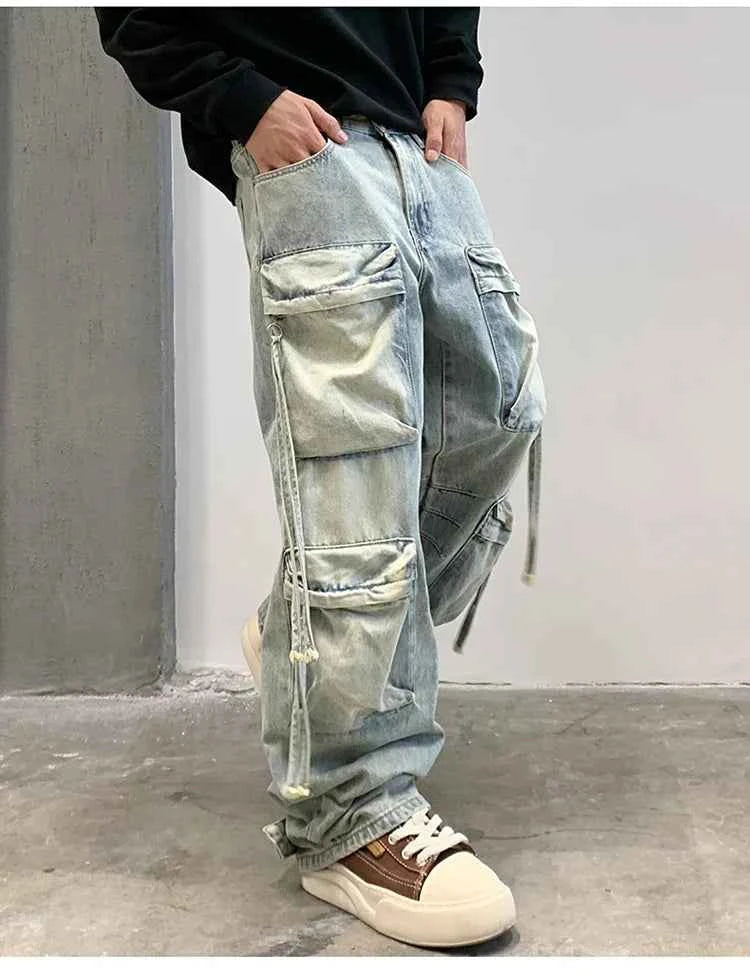 Vintage Hip Hop Loose Fit Multi Pocket Cargo Jeans