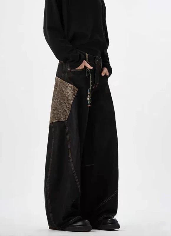 Vintage Patchwork Leopard Washed Baggy Jeans - Luxuryurbanwear