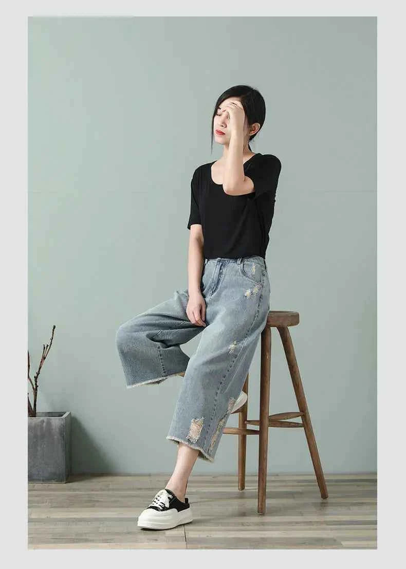 High Waist Ripped Wide Leg Jorts