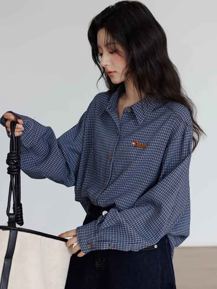 Oversize Vintage Plaid Japanes Style Blouse Shirt