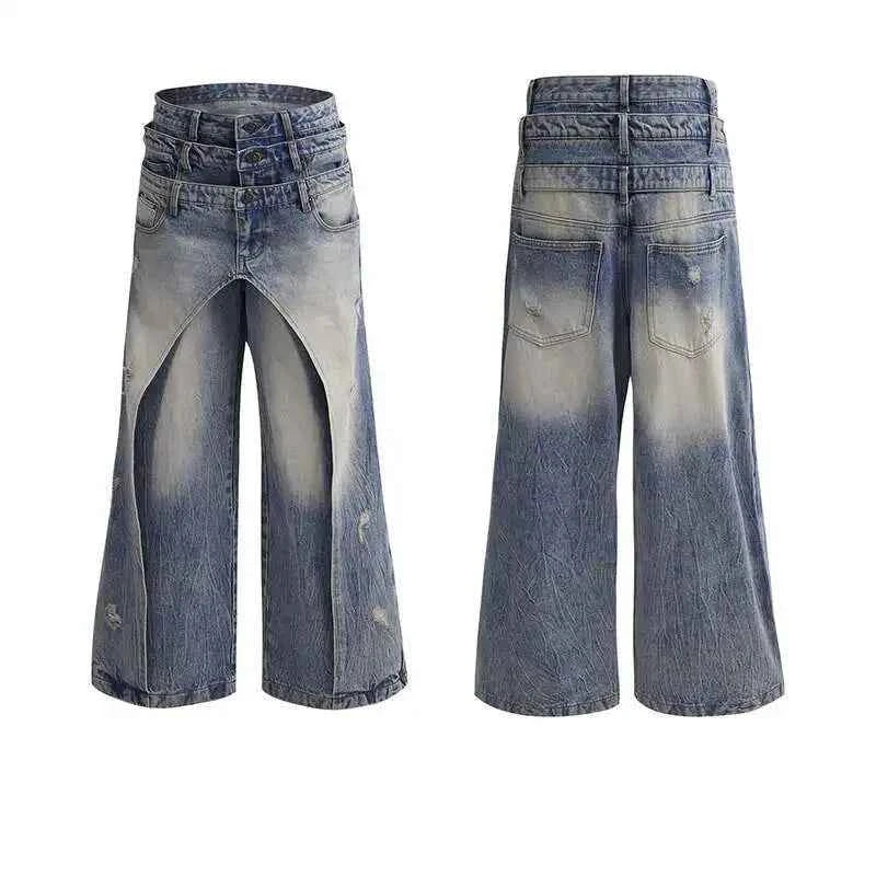 Men Layered Patchwork Wide Leg Jeans