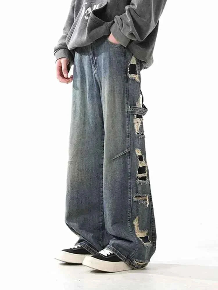Vintage Distressed Cutting Wide Leg Denim Jeans