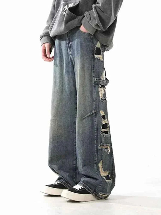 Vintage Distressed Cutting Wide Leg Denim Jeans