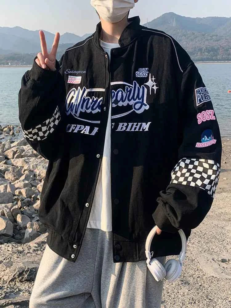 Y2K Plaid Embroidered Vintage Racer Jacket