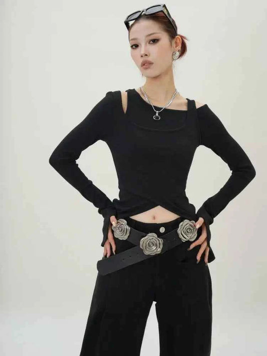 Black Irregular Slim Long Sleeve T-Shirt