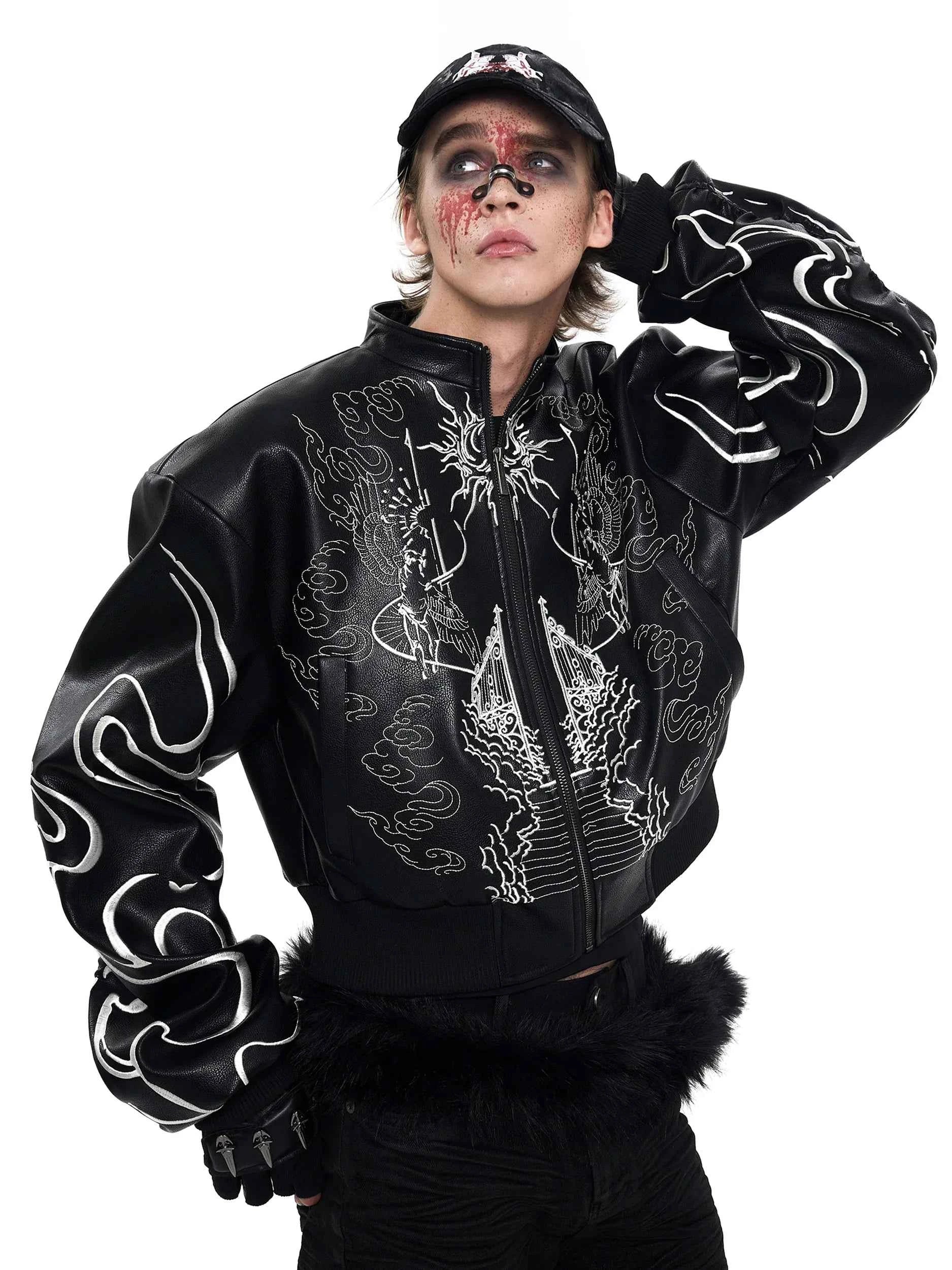 Stylish Embroidered PU Leather Motorcycle Jacket
