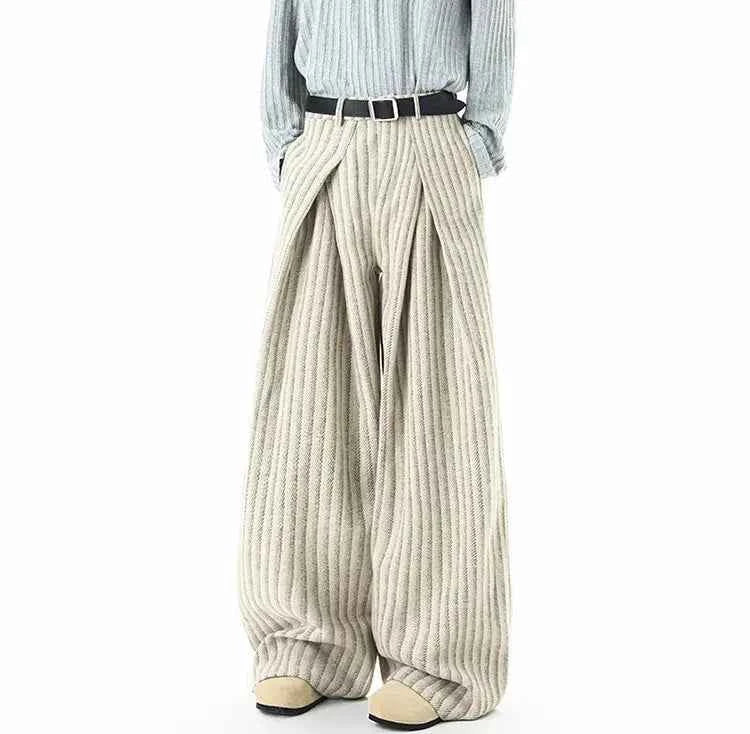 Striped Solid Color Woolen Pleated Wide Leg Pants