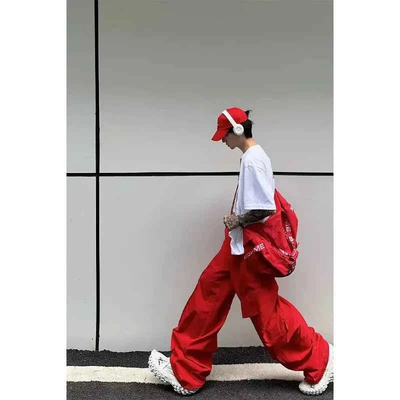 Men Streetwear Red Vibe Loose Wide Leg Pants