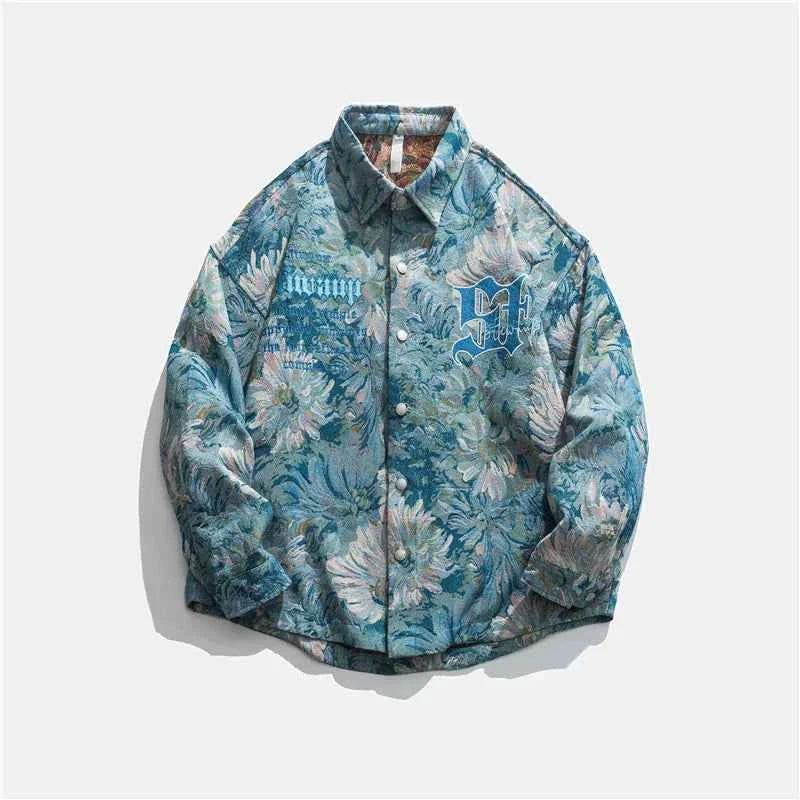 Trendy Gothic Daisy Print Varsity Jacket