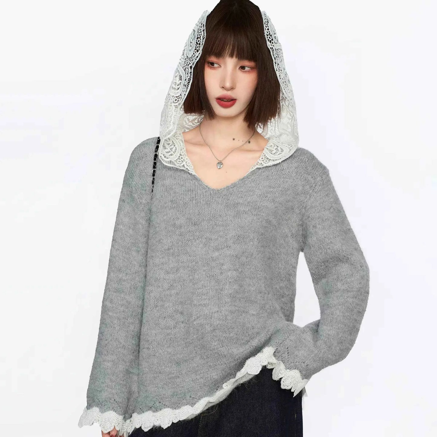 Back to Basics Cozy Lace V Neck Hodded Sweater