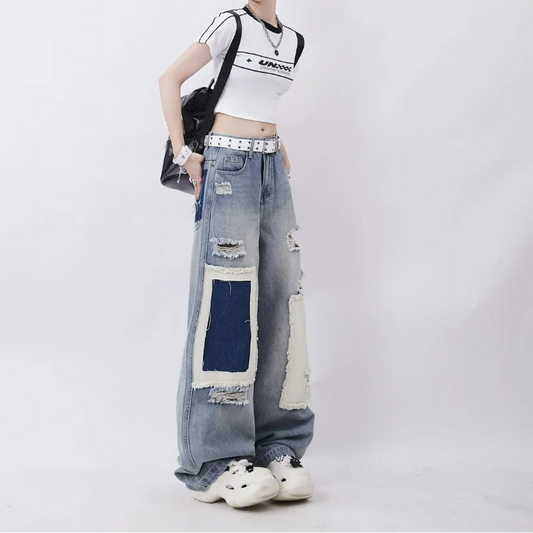 Oversized Patched Hole Jeans High Jeans - Luxuryurbanwear