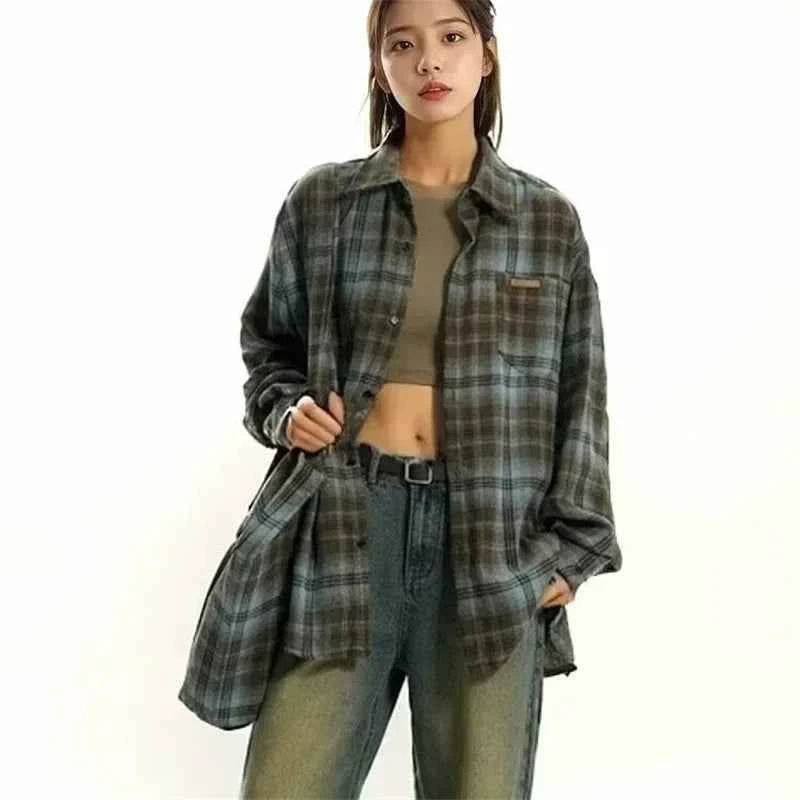 Streetwear Cool Plaid Lapel Autumn Vintage Shirt