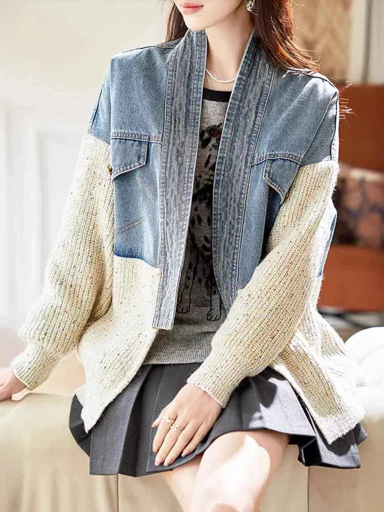 Oversized V-Neck Knitted Loose Denim Jacket