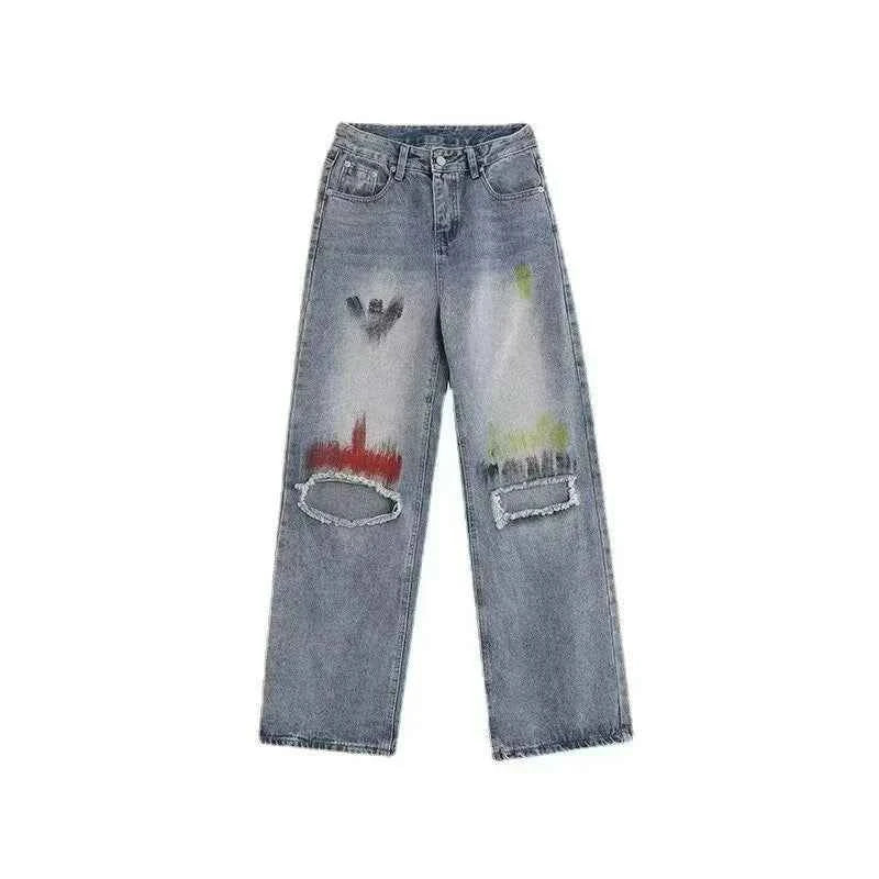 Trendy Blue Washed Ripped Straight Leg Jeans