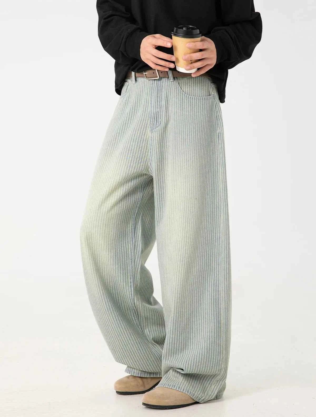 Streetwear Washed Relaxed Fit Striped Straight Leg Jeans