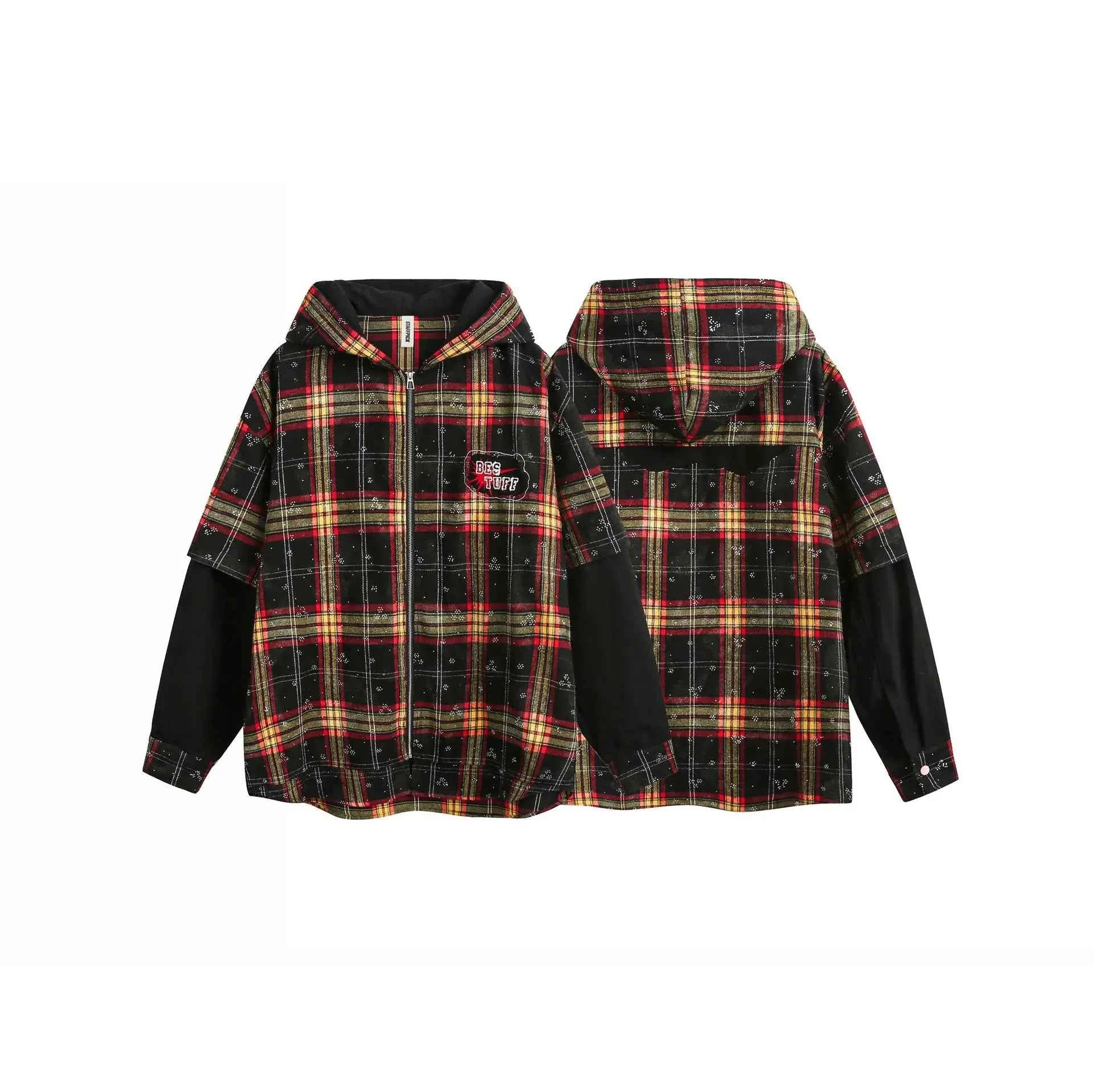 Plaid American Style Fake Two Piece Hooded Sweatshirt