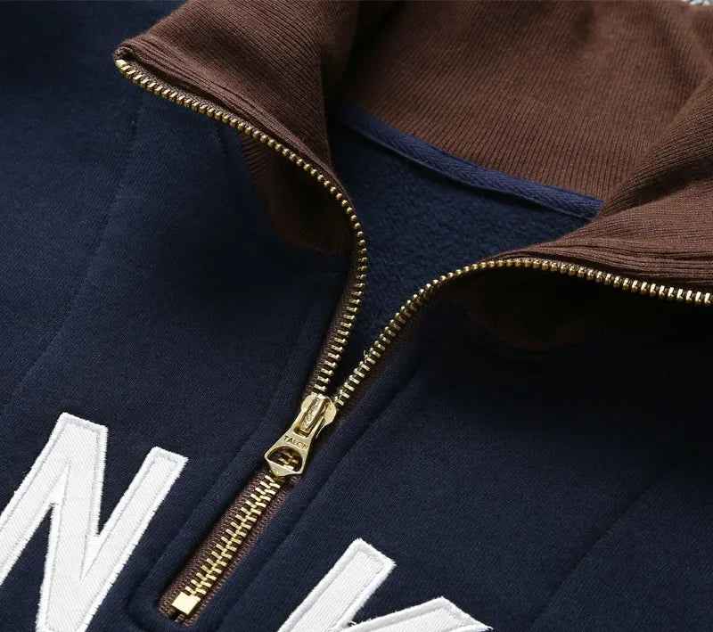 Japanese Letter Embroidery Half Zipper Sweatshirt