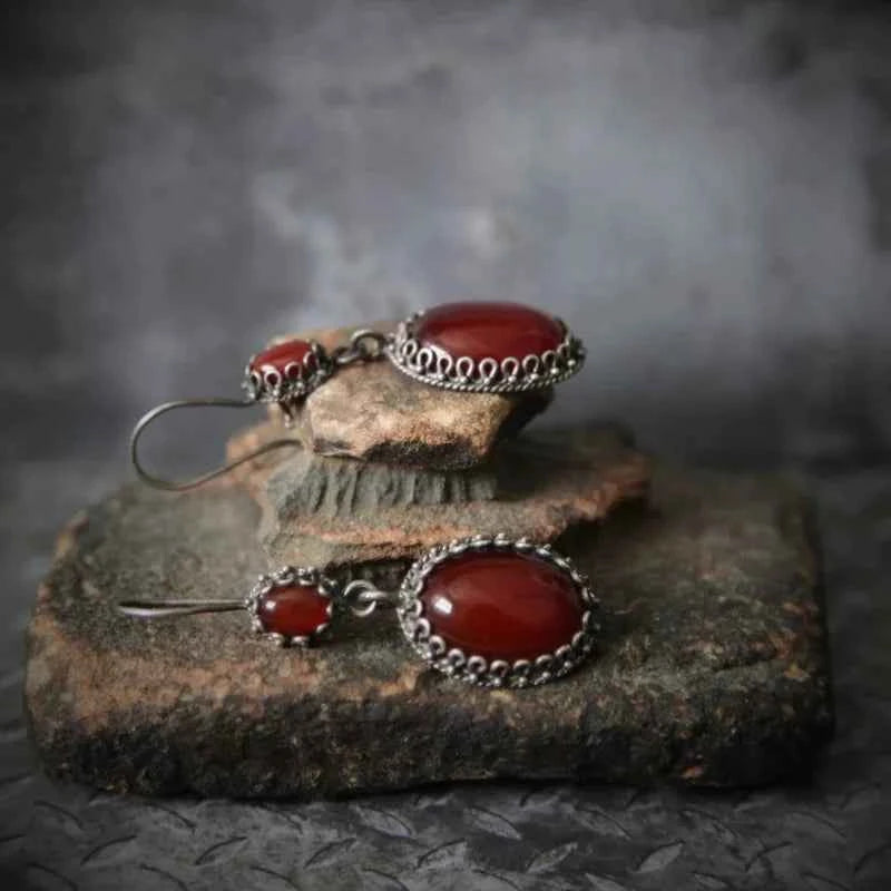 Red Zircon Inlaid Oval Drop Earring