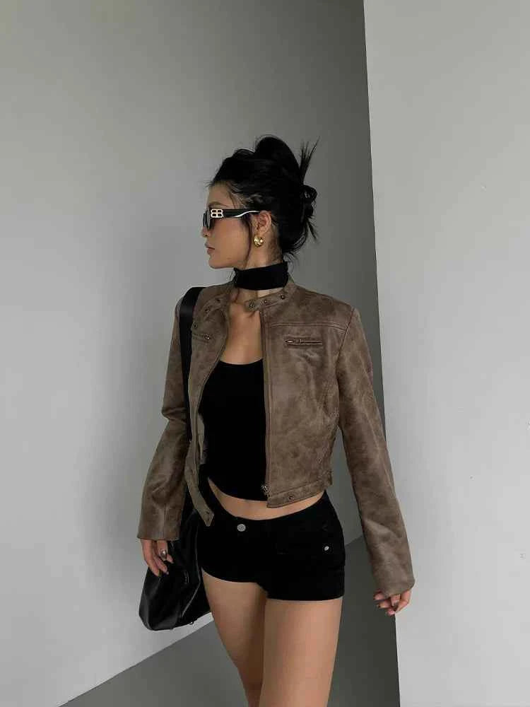 Women Retro Slim Stand Collar Leather Jacket
