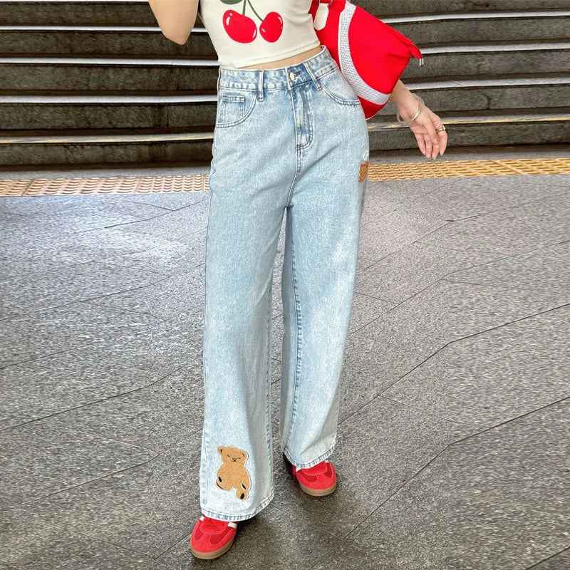 Korean Style Vintage Embroidered High Waist Jeans
