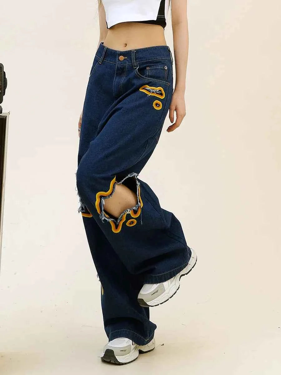 Womens Retro Flame Loose Ripped Jeans