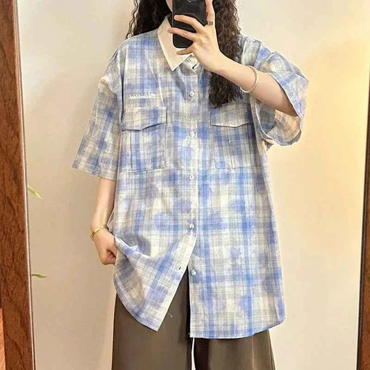 Women Retro Loose Oversize Printed Short Sleeve Shirt
