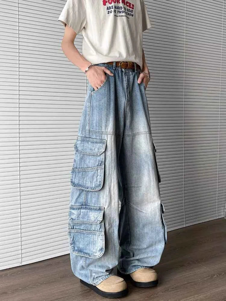 Raw Hem Realness Washed Blue Baggy Cargo Jeans