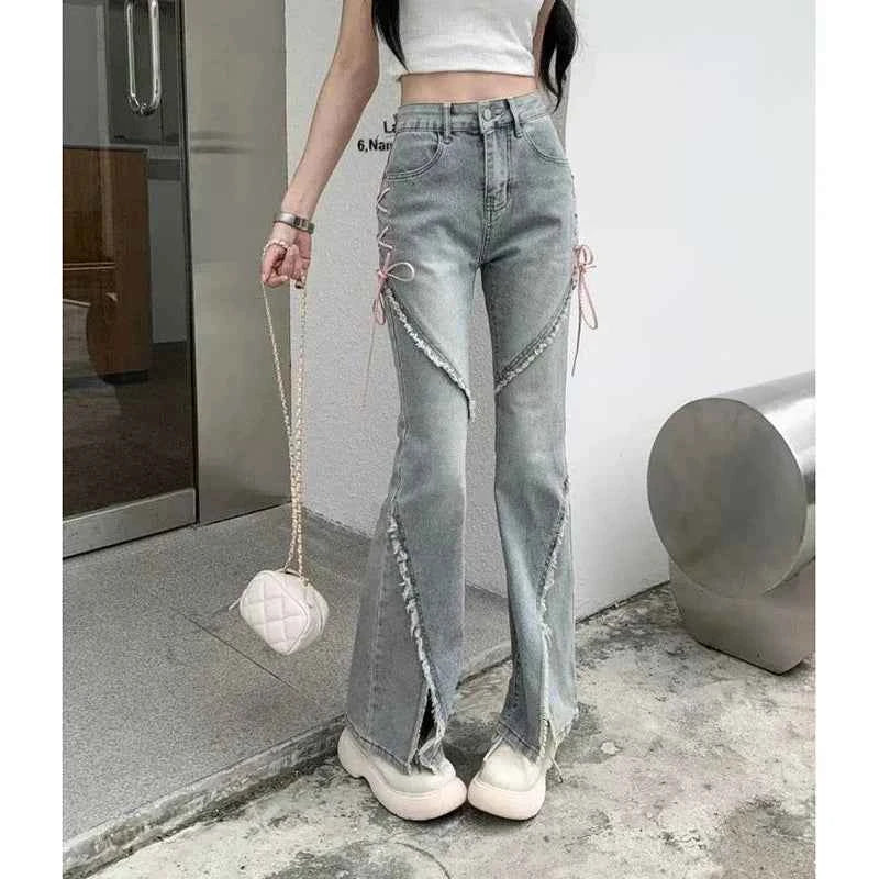 Retro Korean Tassel Split Flared Jeans