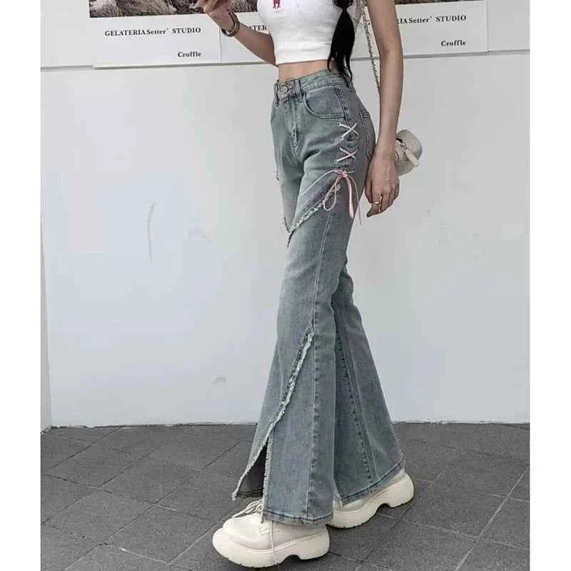 Retro Korean Tassel Split Flared Jeans