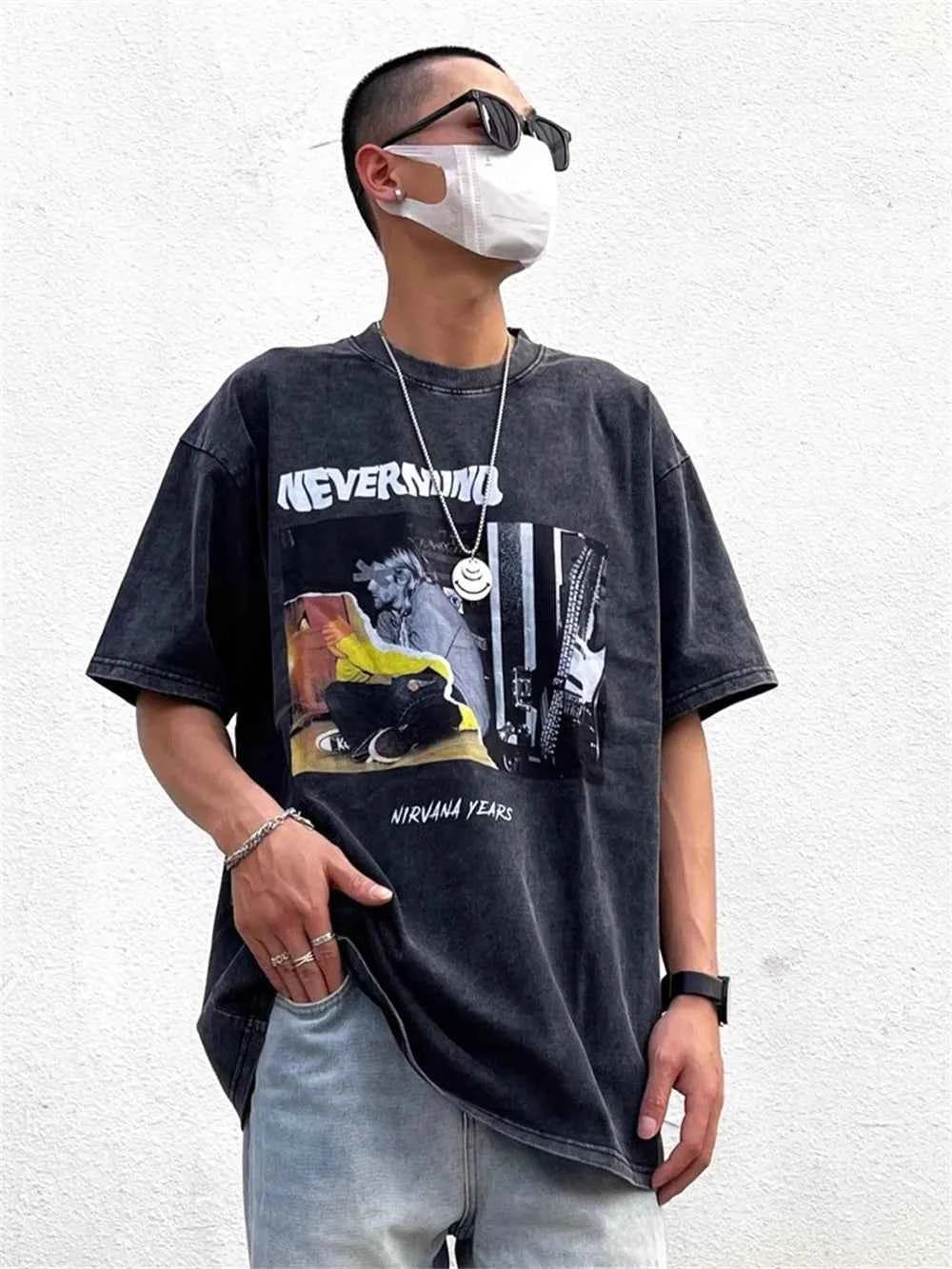 Distressed Washed Portrait Print Short Sleeve T-Shirt