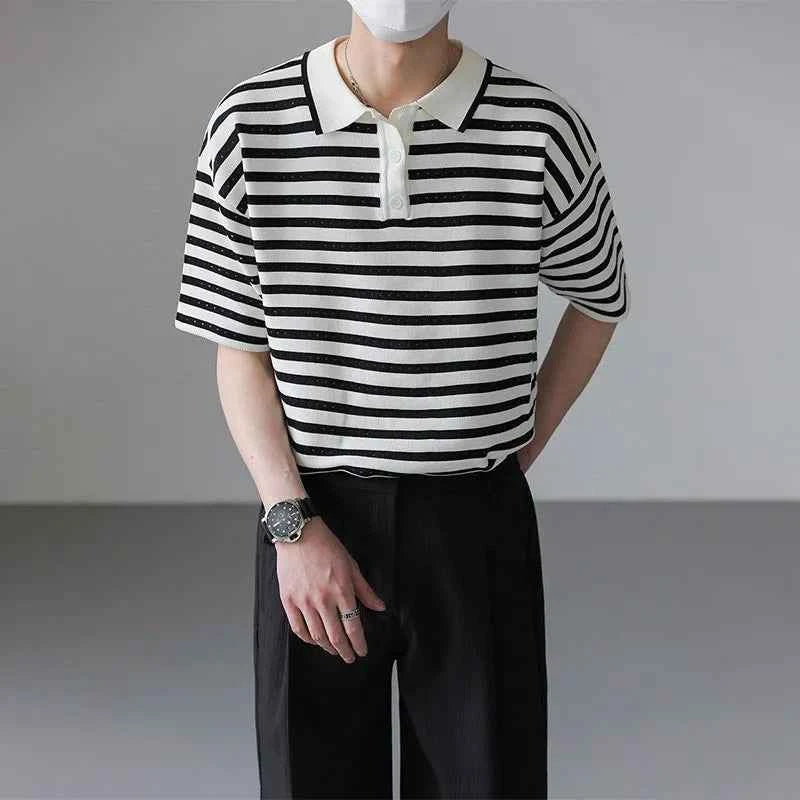 Classic Luxury Striped Polo Button Down T-Shirt