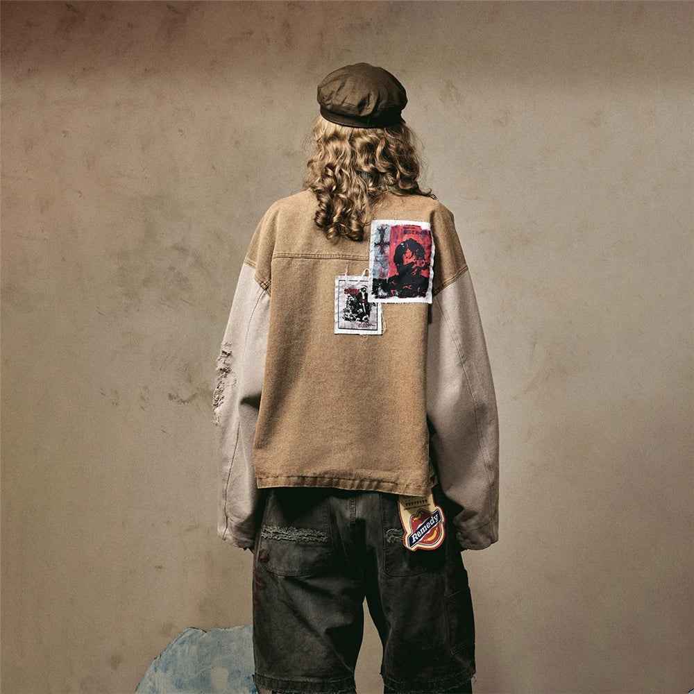 Classic Oversized Streetwear Patchwork Denim Jacket