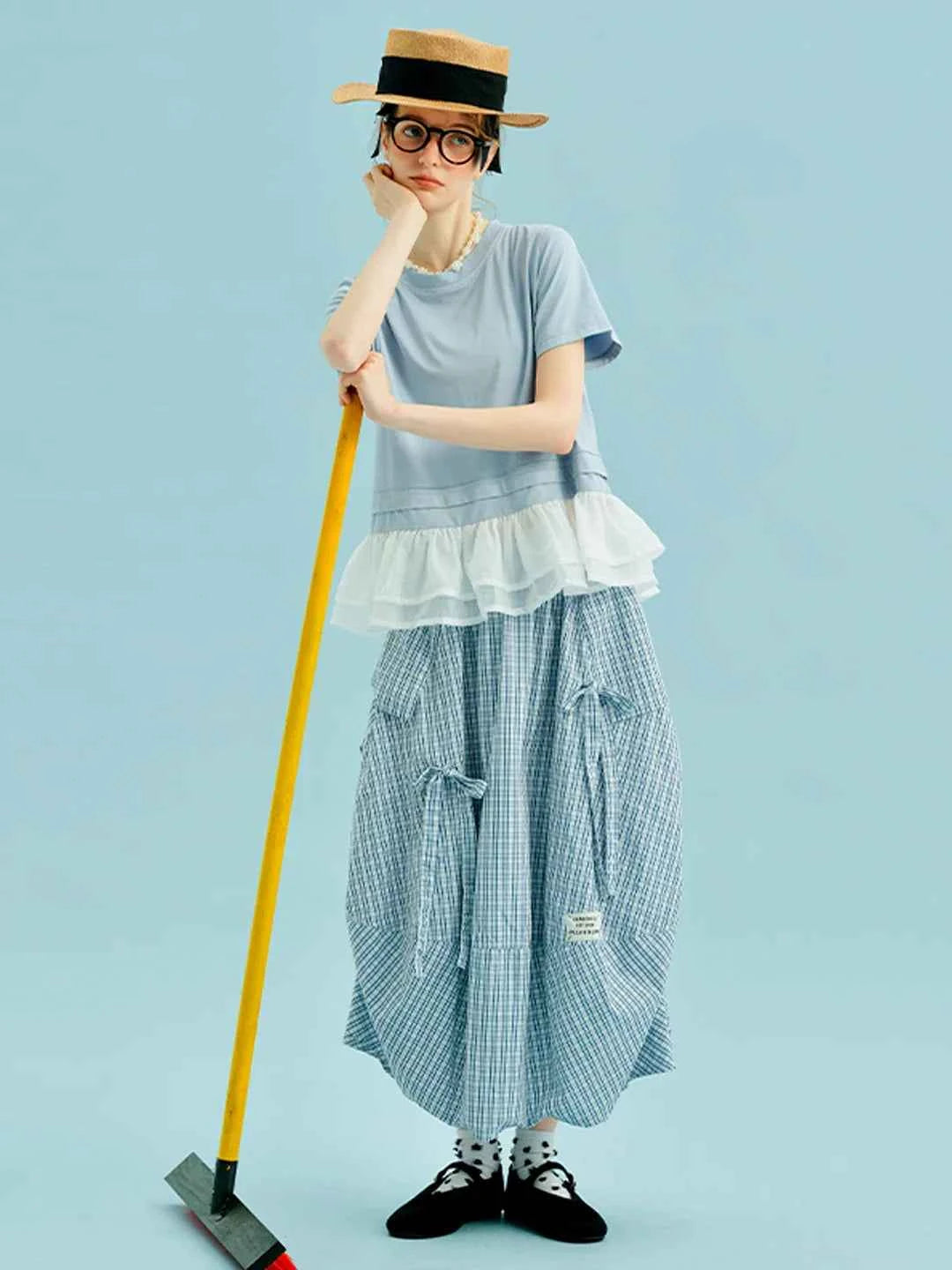 Light Blue Ruffle Hem Boho T-Shirt