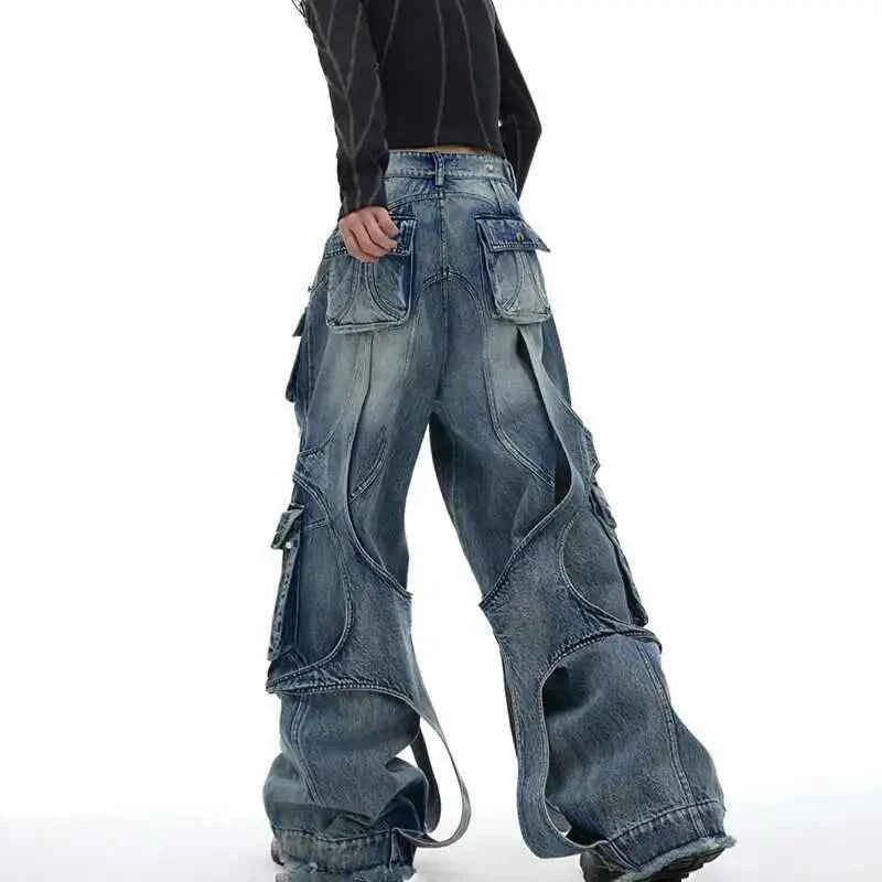 Patchwork Irregular Ribbon Wide Leg Baggy Jeans