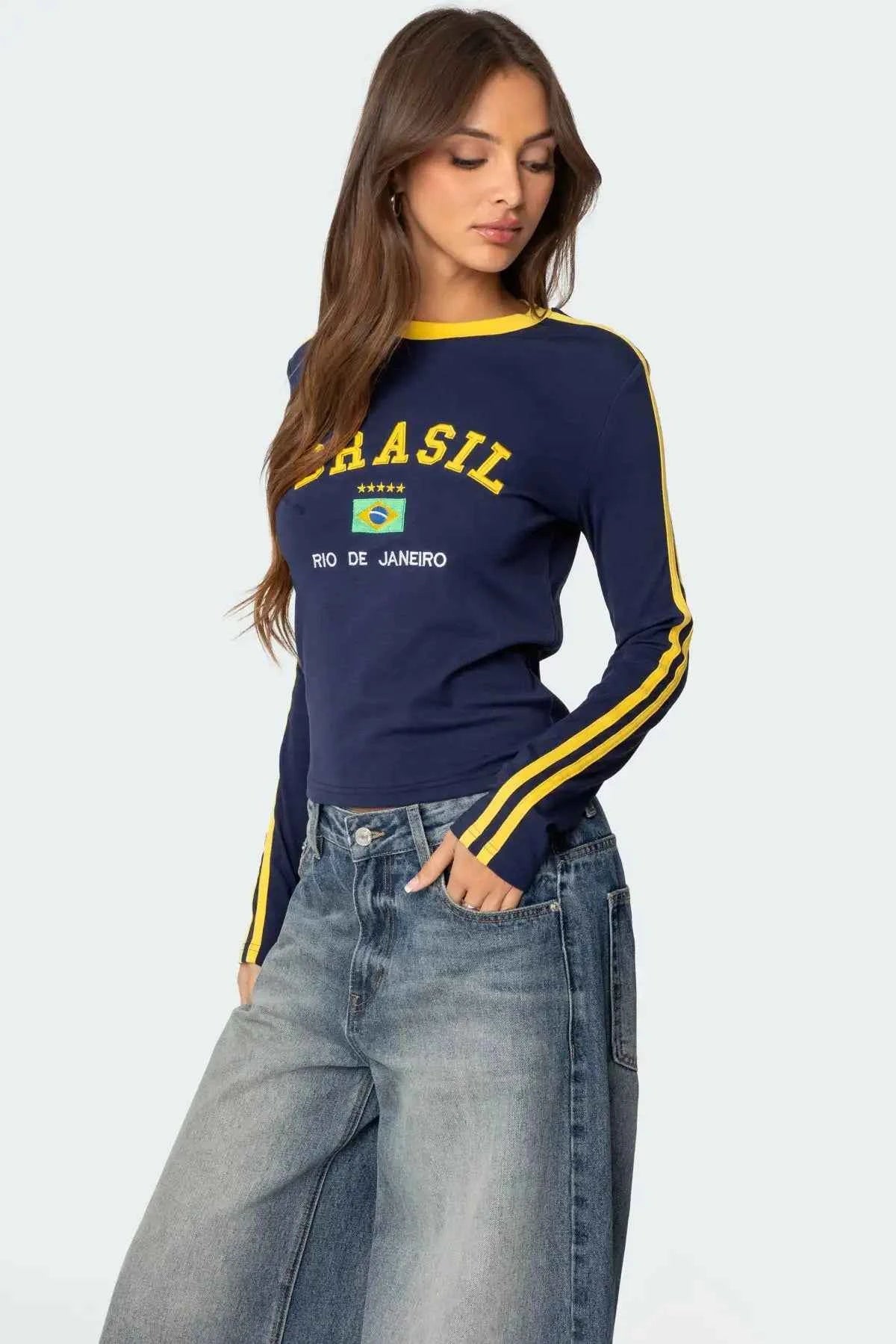 Brazilian Vintage Letter Print Crop T-Shirt