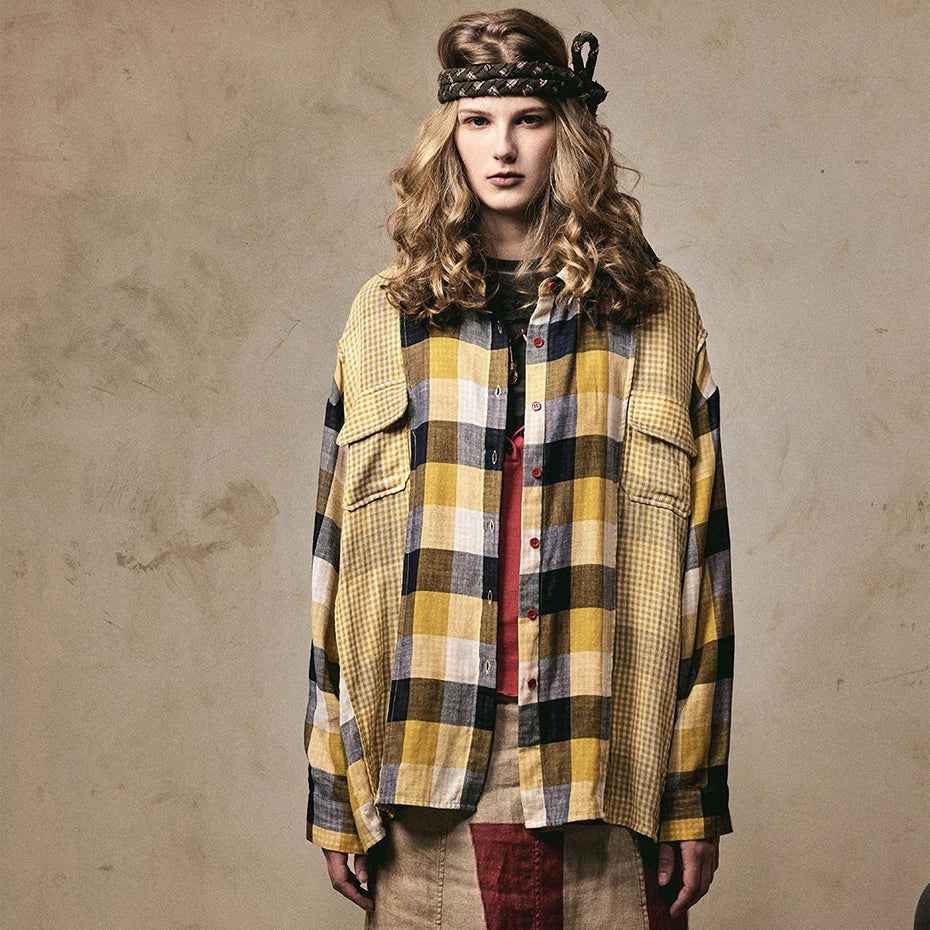 Effortless Retro Patchwork Plaid Long Sleeve Shirt