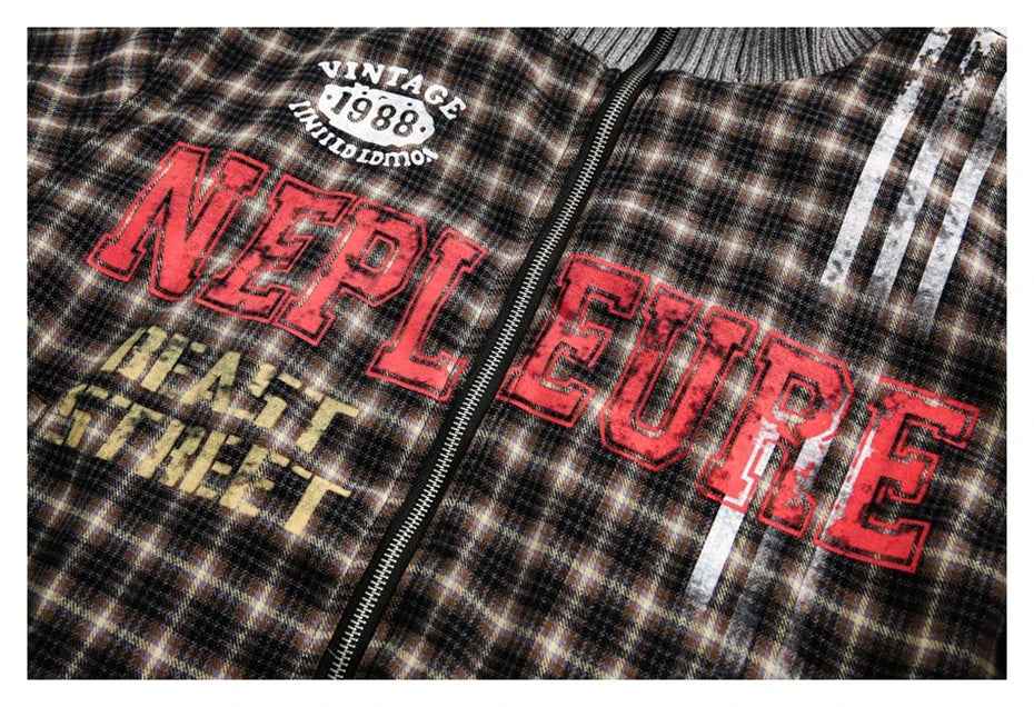 Streetwear Plaid Ripped Hole Unisex Knit Splicing Jacket