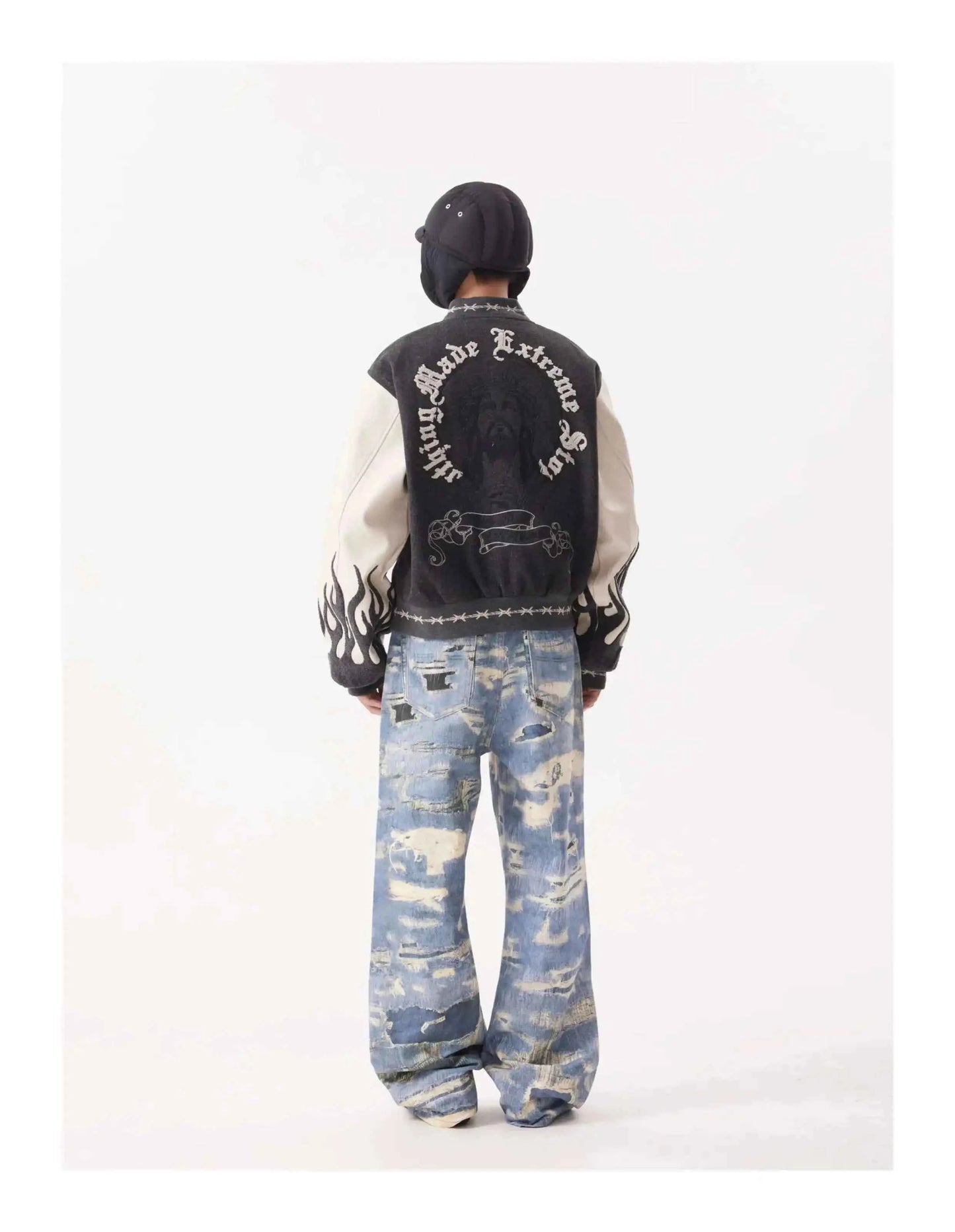 Flame Mixed Knit Embroidery Colorblock Jacket