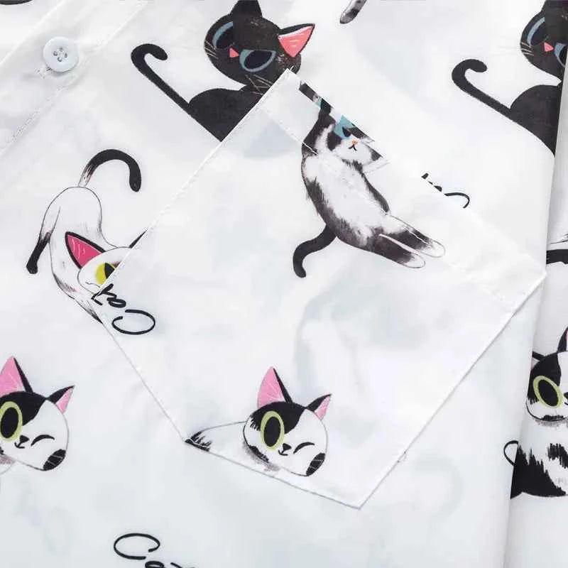 Y2K Funny Cat Graphic Lightweight Beach Shirt