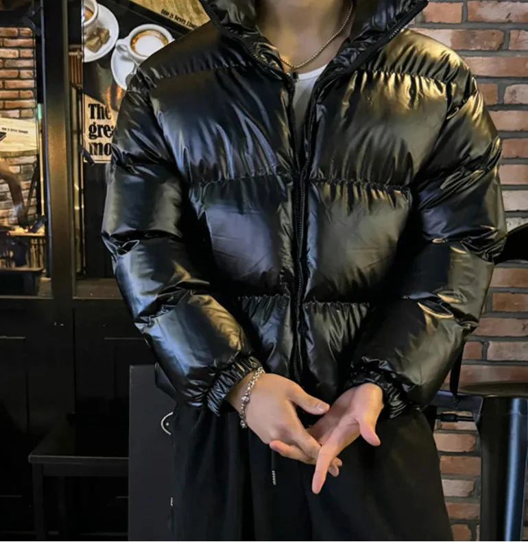 Glossy Stand Collar Cotton Padded Puffer Jacket - Luxuryurbanwear
