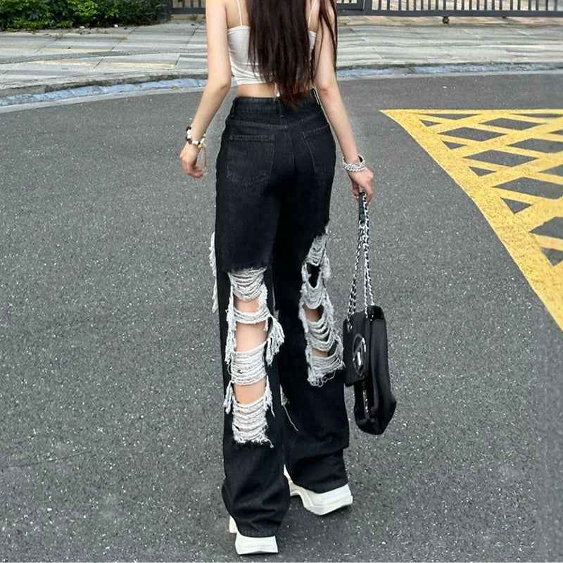 Elevated High Waist Ripped Gothic Denim Jeans