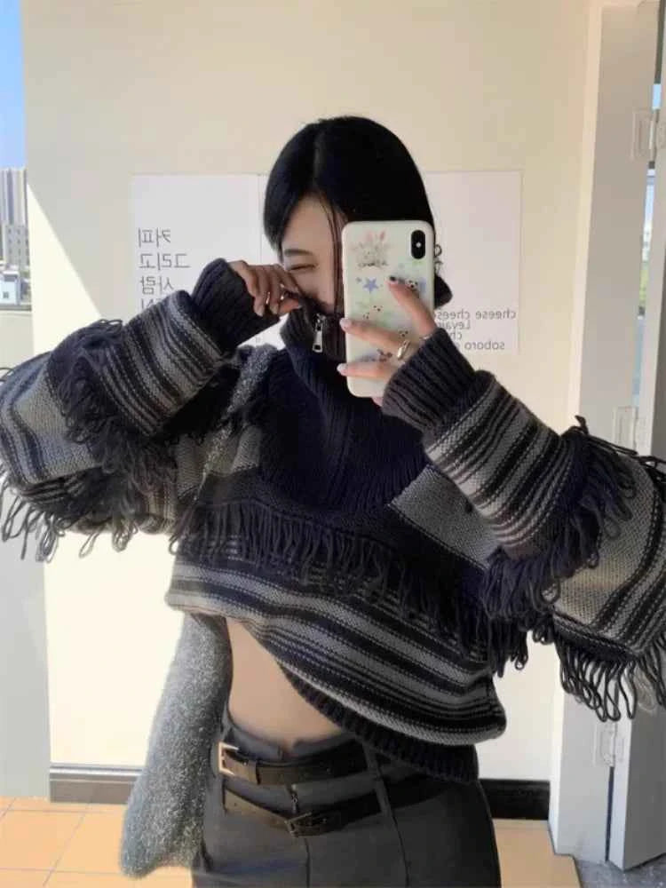 Autumn High-End Striped Fringe Sweater