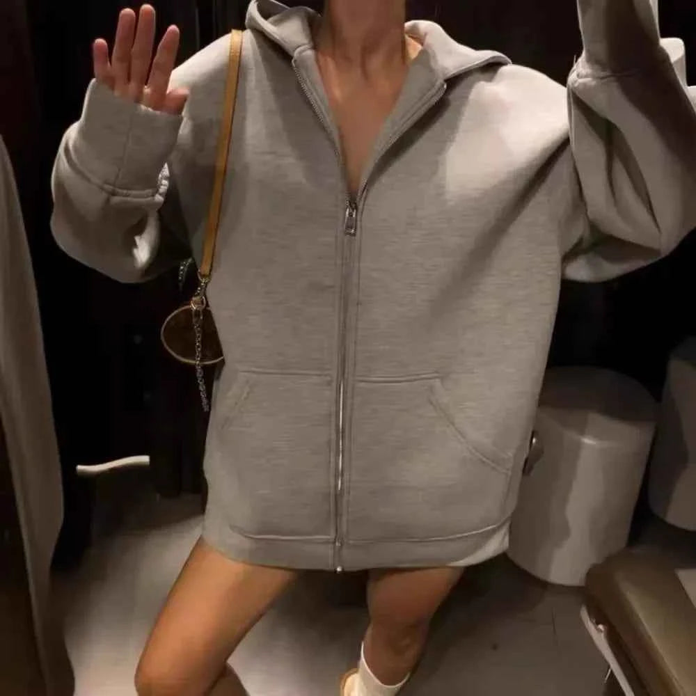 Streetwear Cozy Gray Long Sleeve Zipper Sweatshirt