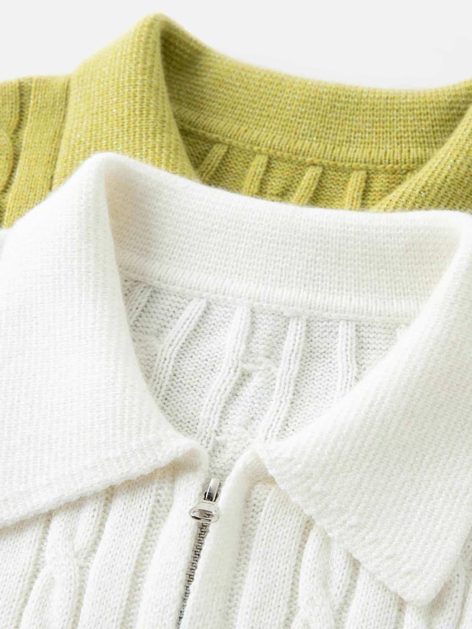 Soft Waxy Knitted Turn-Down Collar Zipper Cardigan