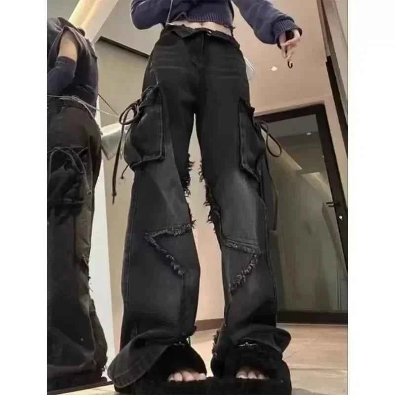 Women Retro Vintage Lace Up High Waist Jeans