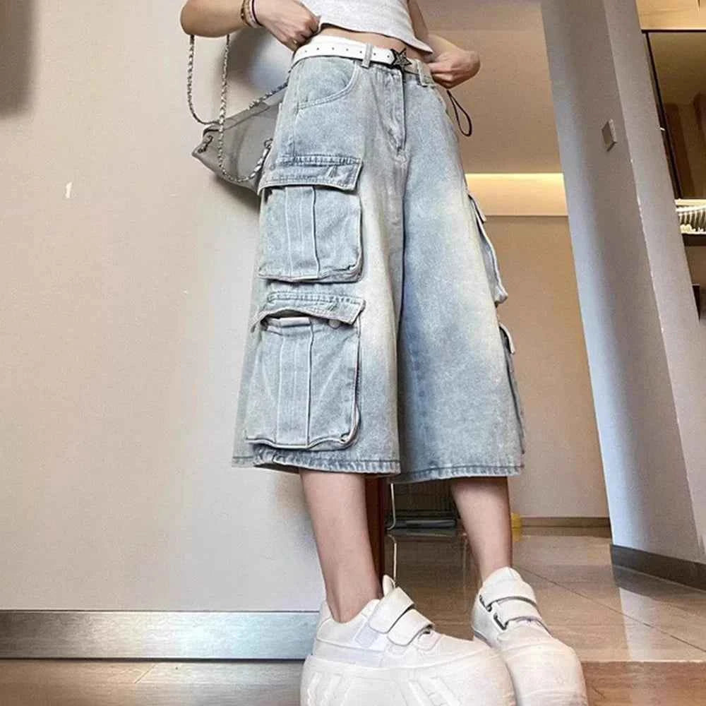 Streetwear Washed Denim Cargo Jorts